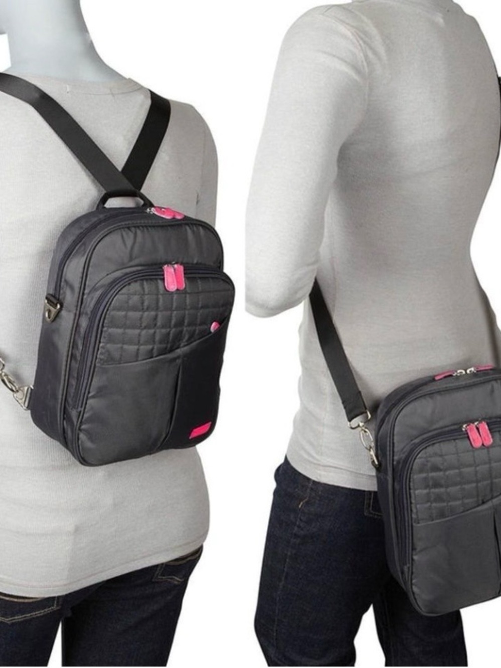 Belle Hop convertible backpack Complete Travel Bag, Charcoal Crossbody Pink